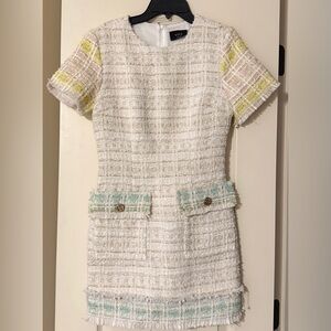 VICI White Tweed Short Sleeve Dress with Pastel Trim